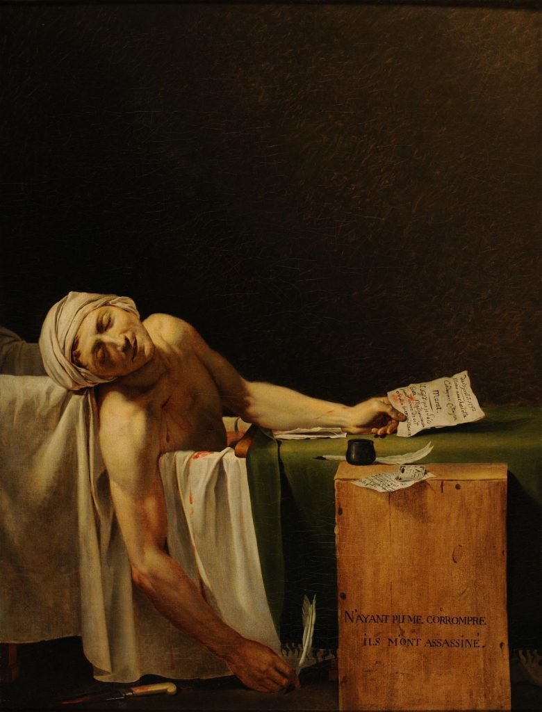 Jacques-Louis David. La muerte de Marat, 1793. Óleo sobre lienzo. 165 cm de alto por 128 cm de ancho.